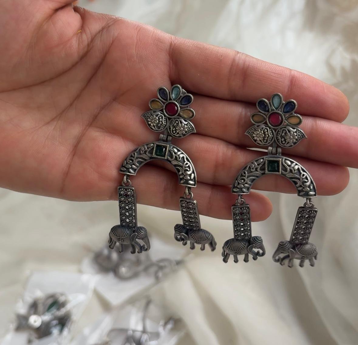 Oxidised Multistone Elephant Earrings