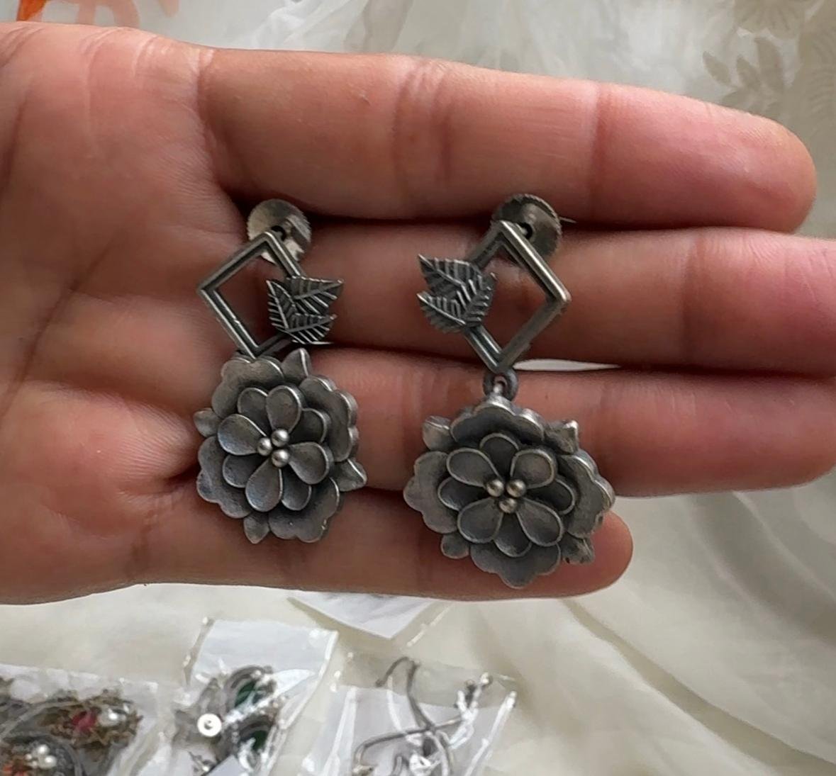 Oxidised Flower Short Earrings