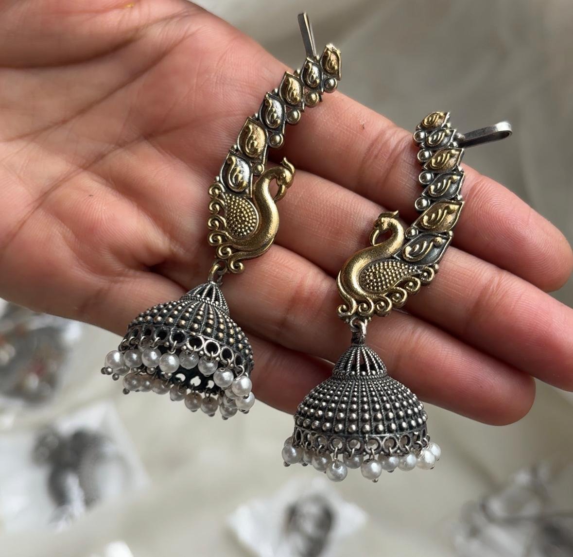 Dual Tone Peacock Long Earcuff Earring